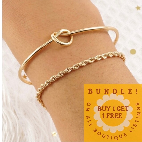 BOGO! Set of 2 stacking bracelets in Gold color Knot cuff and chain NEW Boutique - Picture 5 of 6